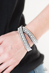 " Shimmer and Sass " Blue LEATHER & White Rhinestone Snap Wrap Bracelet