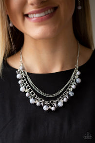 "Wait and SEA" Silver Metal & Gray Bead Multi Layered Necklace Set