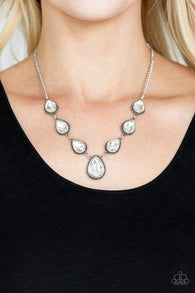 "Socialite Social" Silver Metal Teardrop White/Clear Rhinestone Necklace Set