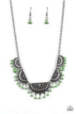 "Boho Baby" Silver Metal Green Bead Tribal Fringe Necklace Set