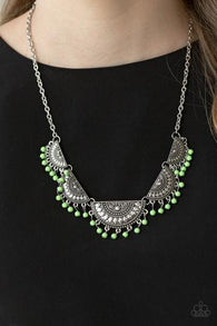 "Boho Baby" Silver Metal Green Bead Tribal Fringe Necklace Set