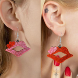 Sexy Acrylic PINK Glitter Lipstick Lips with RED Double Heart Accent Pair of Earrings