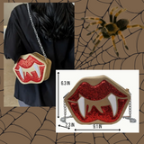 Golden PU Leather with Glitter Sequins Red Lips and White Vampire Fangs Crossbody Bag