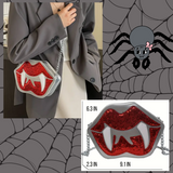 Silver/Gray Base with Glitter Sequins Red Lips and White Vampire Fangs Crossbody Bag