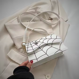 WHITE with Black Spider & Spider Web Flap Closure Rectangular Handbag/Crossbody Bag