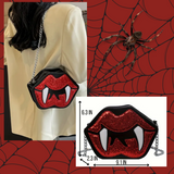 Black PU Leather with Glitter Sequins Red Lips and White Vampire Fangs Crossbody Bag