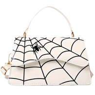 WHITE with Black Spider & Spider Web Flap Closure Rectangular Handbag/Crossbody Bag