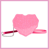 PINK with White Stitched Detailed Heart Shaped Spider Web Patent Crossbody Bag