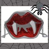 Silver/Gray Base with Glitter Sequins Red Lips and White Vampire Fangs Crossbody Bag