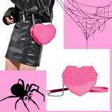 PINK with White Stitched Detailed Heart Shaped Spider Web Patent Crossbody Bag