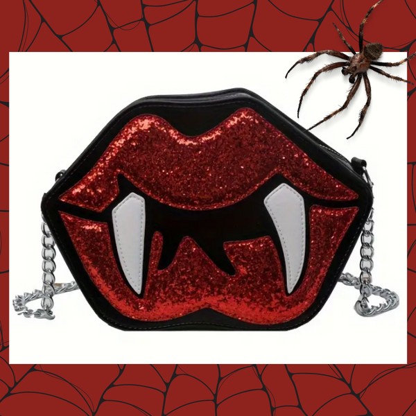 Black PU Leather with Glitter Sequins Red Lips and White Vampire Fangs Crossbody Bag