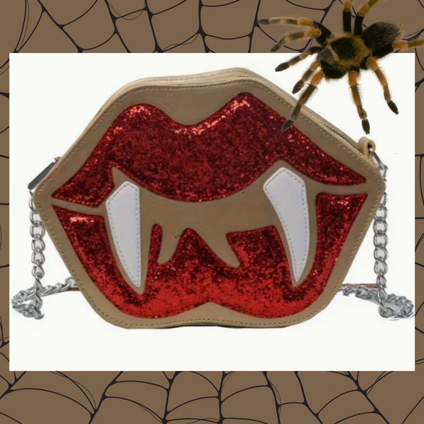 Golden PU Leather with Glitter Sequins Red Lips and White Vampire Fangs Crossbody Bag