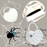 WHITE with Black Stitched Detailing Heart Shaped Spider & Spider Web Handbag/Crossbody Bag