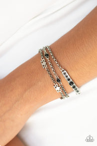 "No Means Nomad " Silver Metal Black Stone Multi Chain Clasp Bracelet