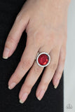 Paparazzi "Crown Culture" Silver Metal & Large Faceted Red Rhinestone Elastic Back Ring