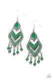 Paparazzi " Dearly Debonair " Silver Metal & Green Bead Chandler Style Earrings