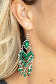 Paparazzi " Dearly Debonair " Silver Metal & Green Bead Chandler Style Earrings