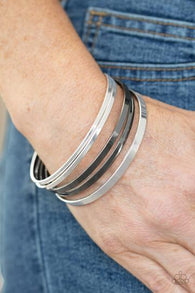 Paparazzi " Ensnared " Silver & Gunmetal Smooth High Polish Bangles Set of 5