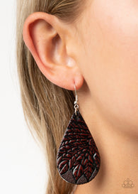 Paparazzi " Everyone Remain Palm " Brown Leaf Embossed Leather Teardrop Earrings