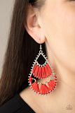 "Samba Scene" Silver Metal & Red Tension Threaded Teardrop Dangle Earrings