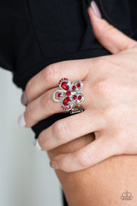 Paparazzi "Gardens of Grandeur" Silver Metal& Red Rhinestone Flower Elastic Back Ring