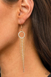 "Pass The Glitter" Gold Metal & White Rhinestone Circle Tassel Earrings