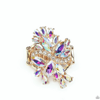 "Flauntable Flare" Gold Metal & Iridescent Rhinestones Cluster Elastic Ring