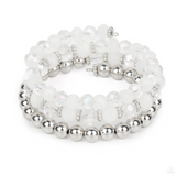 "Gimme Gimme" Silver, White & Iridescent Faceted Bead Flexible COIL Bracelet