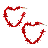 Edgy Gothic Barbed Wire Thorn Heart Post Hoop Earrings in RED