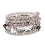 "Free-Spirited Spiral" Silver Metal Gray Pebble, Bead & Wood Flexible COIL Bracelet