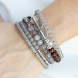 "Free-Spirited Spiral" Silver Metal Gray Pebble, Bead & Wood Flexible COIL Bracelet