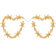 Edgy Gothic Barbed Wire Thorn Heart Post Hoop Earrings in GOLD