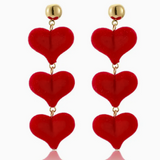 A Stunning Pair of Soft to the Touch Velvet Triple Heart Dangle Drop Earrings in RED or BLACK