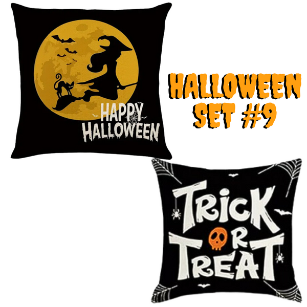 Set of 2 Halloween Pillow Throw Covers 18X18 (*No Inserts) in a Linen Blend Set #9