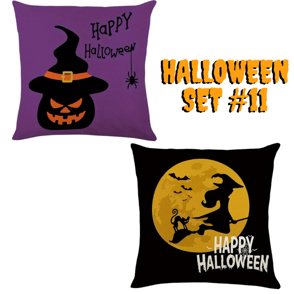 Set of 2 Halloween Pillow Throw Covers 18X18 (*No Inserts) in a Linen Blend Set #11