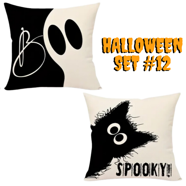 Set of 2 Halloween Pillow Throw Covers 18X18 (*No Inserts) in a Linen Blend Set #12