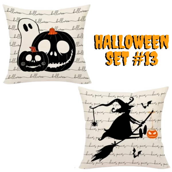 Set of 2 Halloween Pillow Throw Covers 18X18 (*No Inserts) in a Linen Blend Set #13