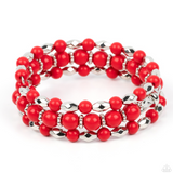 "Colorfully Coiled" High Gloss Fiery Red & Silver Beaded Flexible COIL Bracelet.