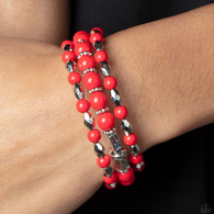 "Colorfully Coiled" High Gloss Fiery Red & Silver Beaded Flexible COIL Bracelet.