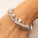 "Whimsically Whirly" Faceted & Acrylic White & Silver Bars Beaded Flexible COIL Bracelet.