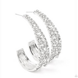 "Cold as Ice" Silver Metal & White/Clear Rhinestone J Hoop Bling Earrings