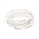 "Marina Masterpiece" White Pearls & Rhinestone with Silver Bars Flexible COIL Bracelet.