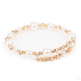 "Chicly Celebrity" Gold Beads & White Pearl/Rhinestone Flexible COIL Bracelet