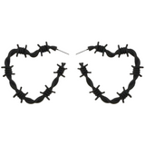 Edgy Gothic Barbed Wire Thorn Heart Post Hoop Earrings in BLACK