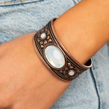 "Sage Sanctuary" Copper Metal & Rainbow Moonstone Rustic Cuff Bracelet