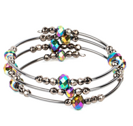 "Showy Shimmer" Gunmetal with Oil Spill Multi-Faceted Bead Flexible COIL Bracelet