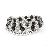 "Gimme Gimme" Silver Beads, Smoky & Glittery Black Rhinestone Flexible COIL Bracelet