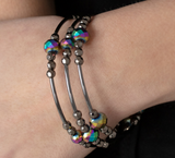 "Showy Shimmer" Gunmetal with Oil Spill Multi-Faceted Bead Flexible COIL Bracelet