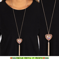 "Prismatic Passion" Rose Gold Metal & Multi Peach Iridescent Heart Tassel Necklace Set