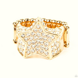 "Here Come The Fireworks" Gold Metal & Clear/White Rhinestone Elastic Back Ring